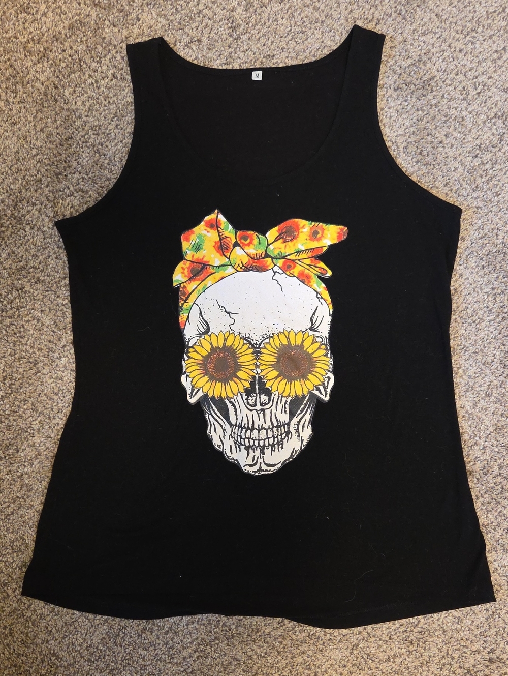 Black Tank Top with Sunflower Skull Graphic M Summer Punk Skater Grunge